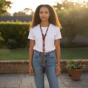 Crystal Leather Wrap Burgundy Tassel Carnelian Stone Long Necklace Boho Gold